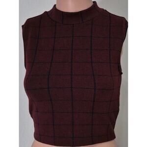 Hollister Plaid Cropped Tank Top S Burgundy Navy Mock Neck Fitted Y2K